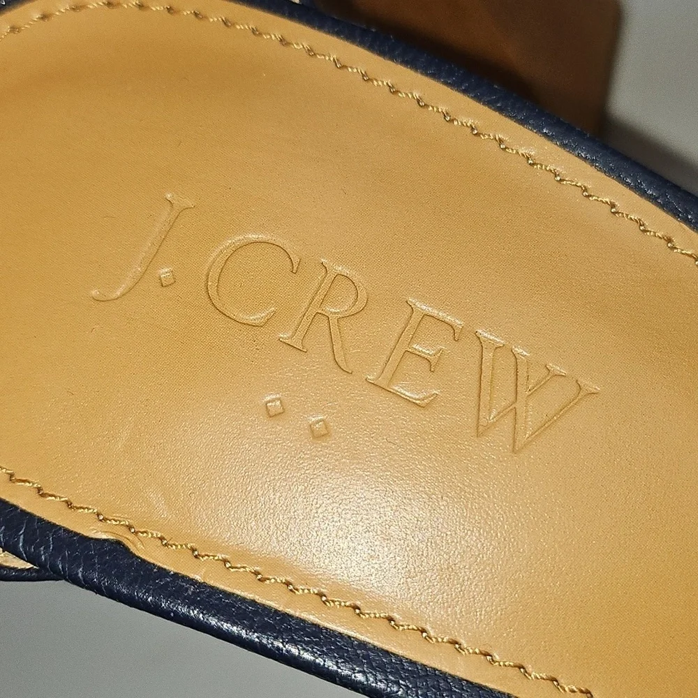J. Crew Leather Navy Blue Open Toe Ankle Strap Wooden Block Heel Sandal